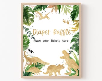 Diaper Raffle Dinosaur Baby Shower Sign Gold Dino Baby Shower Game Sign Greenery Dino Baby Shower Decorations Boy Dinosaur Template  0178