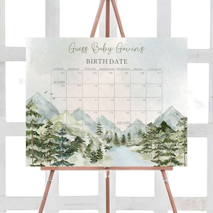 Bearbeitbarer Oh Junge, lass das Abenteuer beginnen Babyparty Fälligkeitsdatumskalender, Woodland Mountain Babypartykalender, Abenteuer-Babyparty, 0497