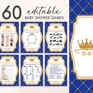 Royal Prince Baby Shower Game Bundle Crown Navy and Gold Little Prince Games Pack, Royal Baby Shower Activity Instant Download Template 0135