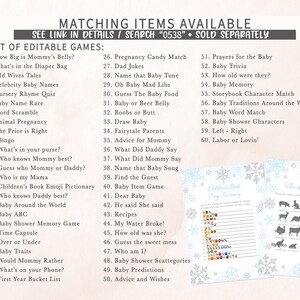 Puede incluir: Una lista de juegos editables para baby shower, incluyendo "How Big is Mommy's Belly?" y "Baby Trivia". La imagen tambi&eacute;n muestra ejemplos de tarjetas de juego con dise&ntilde;os de copos de nieve y el texto "Children's Book Emoji Pictionary" y "Who is my Mama?"