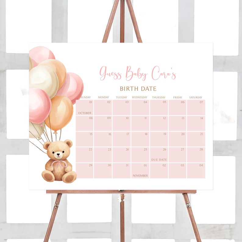 Editable Boho Bear Baby Shower Due Date Calendar, Pink Balloon Baby Shower Calendar, We Can Bearly Wait Baby Shower Birthday Prediction 0673 image 1