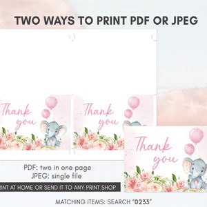 May include: Two printable thank you cards featuring a cute gray elephant holding pink balloons with pink flowers. The text on the cards reads "Thank you". The cards can be printed as a PDF with two cards on one page or as a JPEG with one card per file. The text "Matching Items: Search "0233"" is also included.