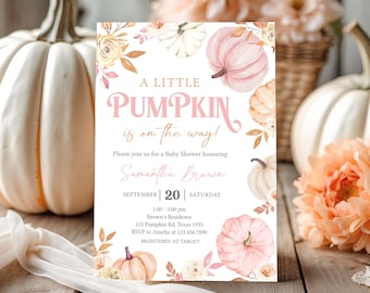 Invitación editable para baby shower de niña con una pequeña calabaza, invitación para baby shower de otoño con calabaza rosa, invitación para baby shower de otoño con flores bohemias, 01137