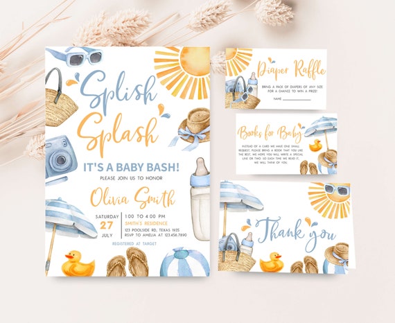 Editable Boy Splish Splash Baby Shower Invitation Bundle, Blue Beach Summer Baby Shower Invite Set, Summer Beach Baby Shower Invitation 0747