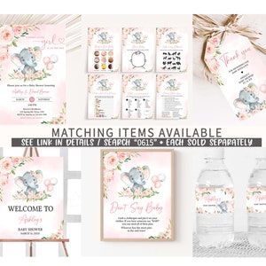 Puede incluir: Un conjunto de decoraciones imprimibles para una fiesta de bienvenida al beb&eacute; con un elefante rosa y gris con detalles florales. El conjunto incluye un cartel de bienvenida, un juego de "No digas beb&eacute;", una etiqueta de agradecimiento y etiquetas para botellas de agua. El texto en el cartel de bienvenida dice "Bienvenido a la fiesta de bienvenida al beb&eacute; de Ashley el 18 de marzo de 2023". El texto en el juego de "No digas beb&eacute;" dice "No digas beb&eacute;". El texto en la etiqueta de agradecimiento dice "Gracias por llenar de amor a nuestro beb&eacute; La fiesta de bienvenida al beb&eacute; de Ashley el 18 de marzo de 2023".