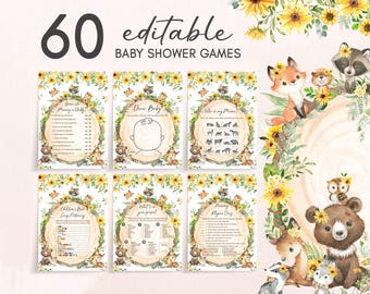 Editable Sunflower Woodland Baby Shower Games Bundle, Girl Woodland Animals Baby Shower Game Pack, Floral Forest Animals Baby Shower, 01132