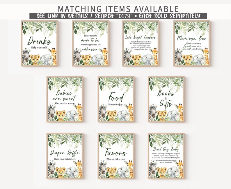 May include: Nine printable signs with a jungle theme for a baby shower. The signs feature a zebra, lion, and giraffe with green foliage. The signs include: Drinks, Help yourself, Mom-to-be, Late Night Diapers, Mom-osa Bar, Babies are sweet, Food, Books & Gifts, Diaper Raffle, Favors, and Don't Say Baby.