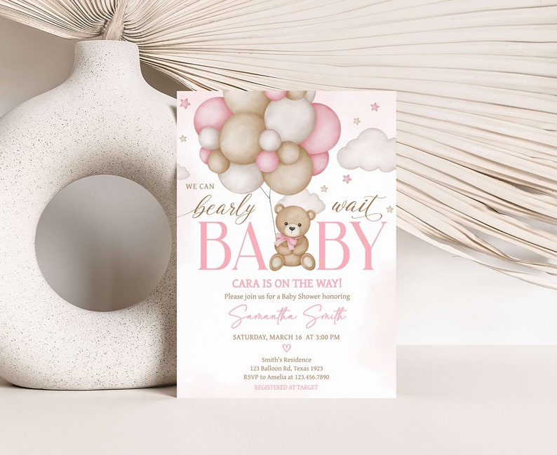 Editable Girl Bear Balloon Baby Shower Invitation, We Can Bearly Wait Baby Shower Invite, Pink Boho Bear Baby Shower Invite Template, 0598 image 1