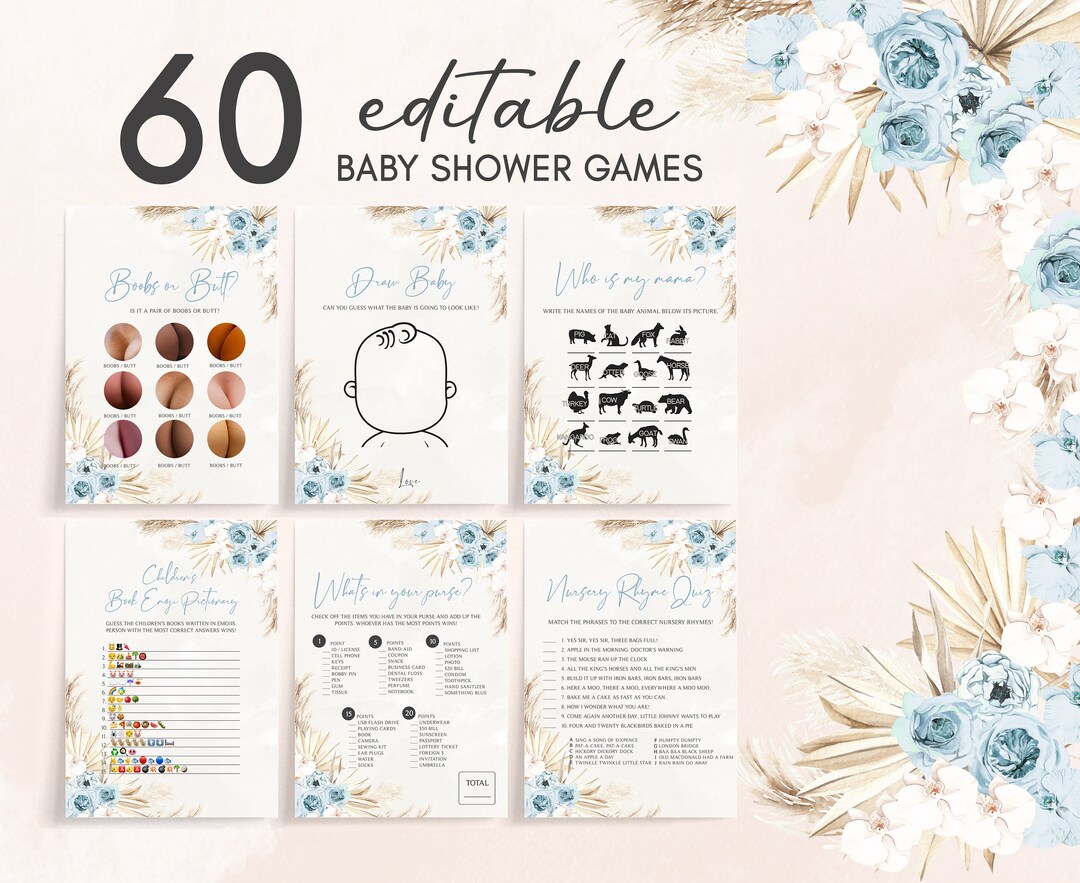 Editable Blue Floral Boho Baby Shower Games Bundle, Boy Pampas Grass ...