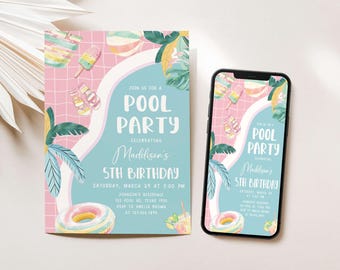 Editable Pool Party Birthday Invitation, Pastel Summer Party Invite, Girl Summer Pool Party Invitation, Swimming Pool Birthday Invite 70BD