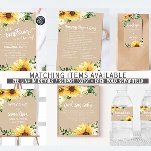 K&ouml;nnte beinhalten: Ein Set mit druckbaren Babyparty-Dekorationen mit einem Sonnenblumen-Motiv. Das Set beinhaltet ein Willkommens-Schild, ein "Sag nicht Baby"-Spiel, ein Kinderreim-Quiz, ein Dankesch&ouml;n-Etikett und Wasserflaschen-Etiketten. Die Dekorationen sind auf einem braunen Papierhintergrund mit rustikalem und vintage-Look gedruckt.