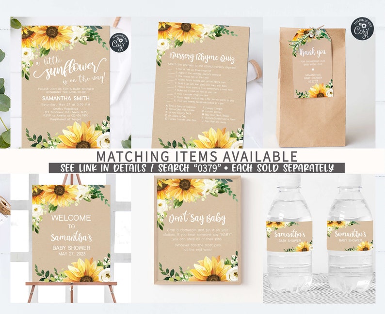 K&ouml;nnte beinhalten: Ein Set mit druckbaren Babyparty-Dekorationen mit einem Sonnenblumen-Motiv. Das Set beinhaltet ein Willkommens-Schild, ein "Sag nicht Baby"-Spiel, ein Kinderreim-Quiz, ein Dankesch&ouml;n-Etikett und Wasserflaschen-Etiketten. Die Dekorationen sind auf einem braunen Papierhintergrund mit rustikalem und vintage-Look gedruckt.