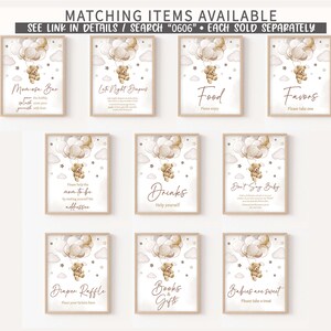 May include: Set of 9 printable signs for a baby shower. Each sign features a cute teddy bear holding balloons and a different message. The signs include "Momosa Bar", "Late Night Diapers", "Food", "Favors", "Please help the mom-to-be by making yourself the addressee", "Drinks", "Don't Say Baby", "Diaper Raffle", "Books & Gifts", and "Babies are sweet".
