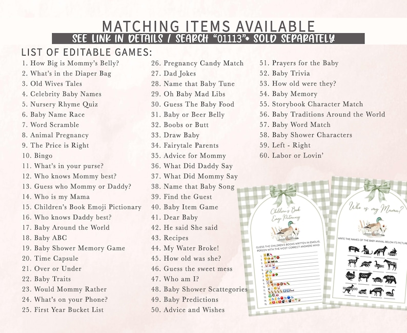 a list of matching items available for a baby shower