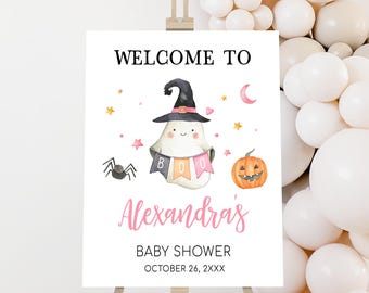 Bewerkbare A Little Boo roze babyshower welkomstbord, Ghost Halloween babyshower welkomstposter, meisje herfst Spooky babyshower bord, 0912