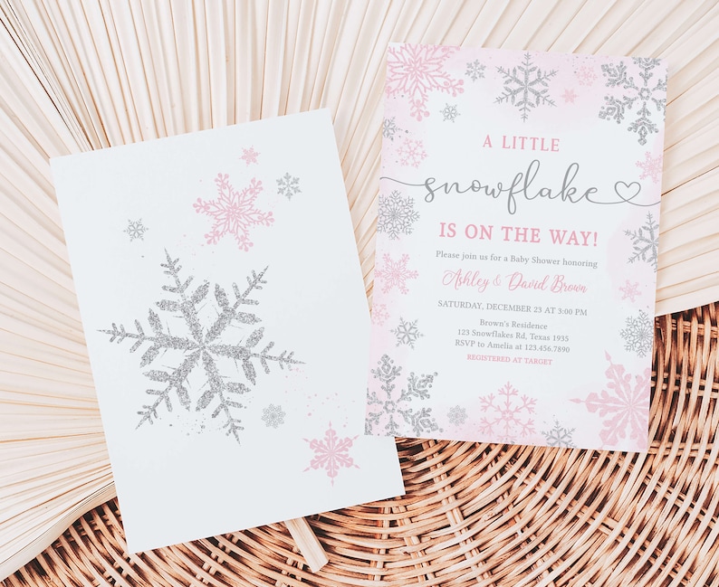 Redigerbar rosa liten snöflinga babyshowerinbjudan, inbjudan till babyshower med vintersnöflinga för flicka, mall för inbjudan till vinterbabyshower, 0536 bild 2
