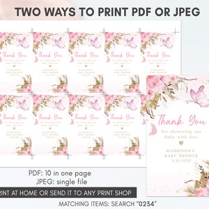 May include: Pink and gold thank you tags with butterflies and floral designs. The text reads "Thank You for showering our baby with love.  Maddison's Baby Shower 5.20.2023".