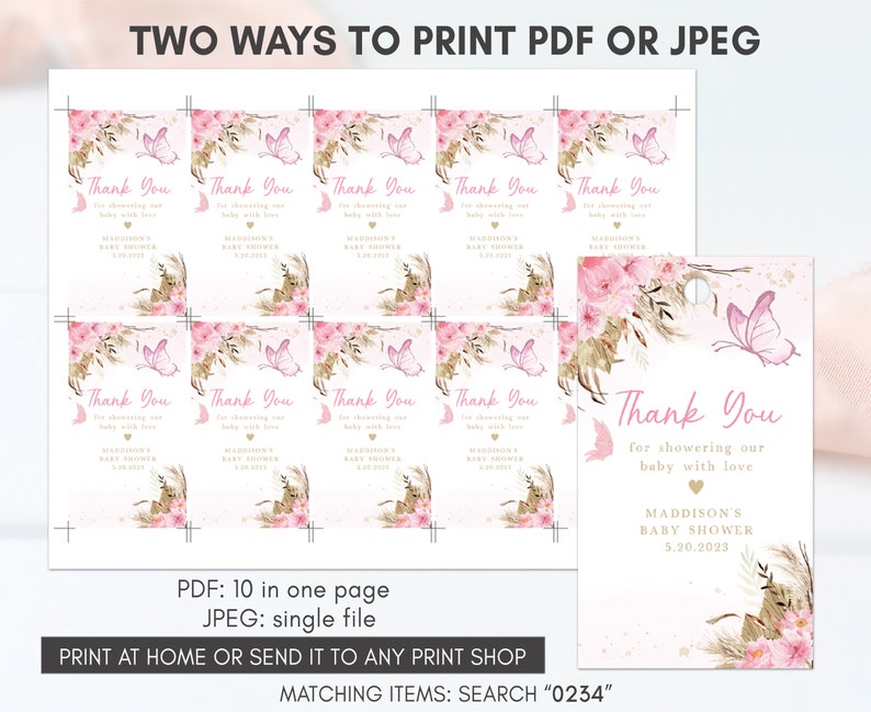 May include: Pink and gold thank you tags with butterflies and floral designs. The text reads "Thank You for showering our baby with love.  Maddison's Baby Shower 5.20.2023".