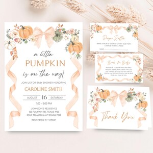 May include: A baby shower stationery set featuring a pumpkin theme. The main invitation reads "a little PUMPKIN is on the way!" with event details. Additional cards include "Diaper Raffle," "Books for Baby," and a "Thank You" card.
