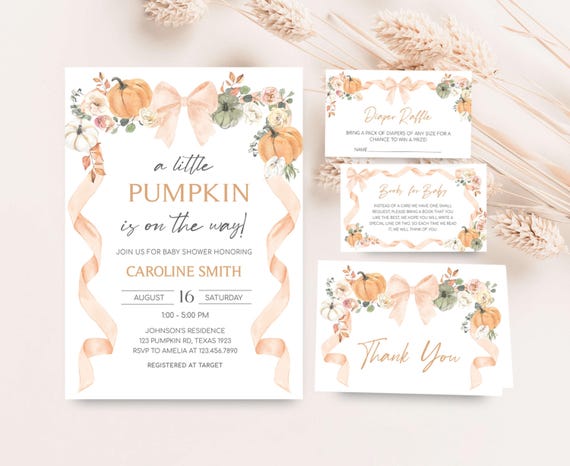 Editable Little Pumpkin Baby Shower Invitation Bundle, Orange Pumpkin Fall Baby Shower Invite, Neutral Bow Floral Pumpkin Invitation, 01110