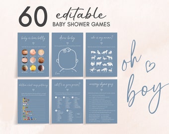 Editable Oh Boy Boho Minimalist Baby Shower Games Bundle, Boho Baby Shower Game Pack, Modern Blue Baby Boy Baby Shower Games Template, 0655