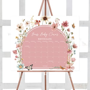 Bearbeitbarer Baby in Bloom Babyparty Fälligkeitsdatumskalender, Wildblumen-Babypartykalender, gedämpftes Rosa Boho Frühlingsblumen-Babypartyspiel, 0650
