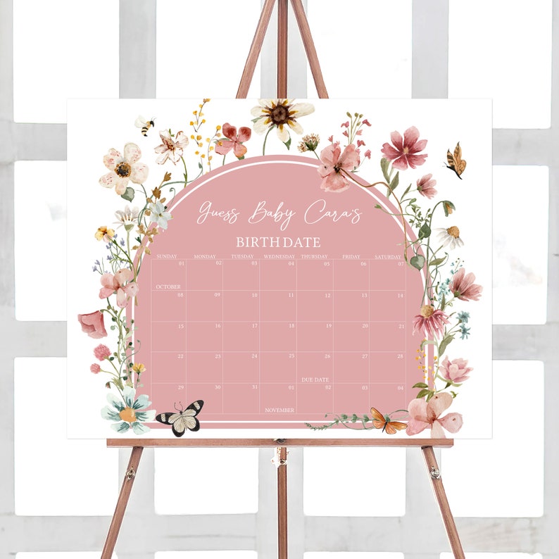 Editable Baby in Bloom Baby Shower Due Date Calendar, Wildflower Baby Shower Calendar, Muted Pink Boho Spring Flowers Baby Shower Game, 0650 image 1
