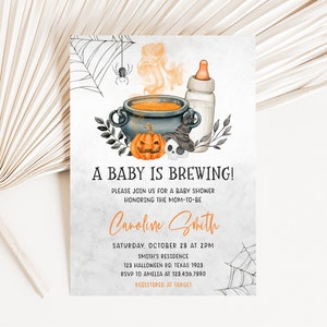 Editable A Baby is Brewing Halloween Baby Shower Invitation Bundle, Gender Neutral Halloween Baby Shower Invite Set, Witch Baby Shower, 0489 image 3