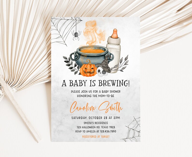 Editable A Baby is Brewing Halloween Baby Shower Invitation Bundle, Gender Neutral Halloween Baby Shower Invite Set, Witch Baby Shower, 0489 image 3