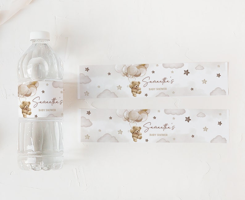 Rótulo de garrafa de chá de bebê de urso neutro de gênero editável, podemos esperar, etiquetas de água de chá de bebê, adesivos de garrafa de balão de urso Boho, 0606 imagem 3
