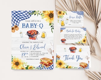 Bearbeitbares Sonnenblumen-blaues Baby-Q-Babyparty-Einladungspaket, Jungen-Grill-Babyparty-Einladungsset, Blumen-Hinterhof-Picknick-Babyparty-Einladung 0819