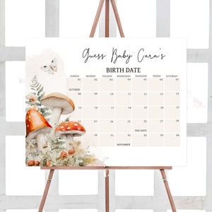 Bearbeitbarer kleiner Pilz-Babyparty-Fälligkeitskalender, Pilz-Herbst-Babypartykalender, verzauberter Waldwald-Babypartyspiel, 0849