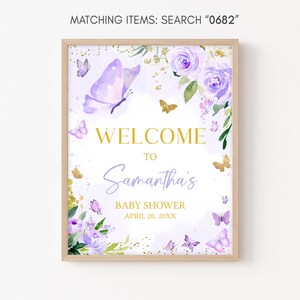 Editable Purple Butterfly Baby Shower Welcome Sign, Butterflies Girl Baby Shower Welcome Poster, Floral Butterfly Purple Baby Shower, 0682 image 3