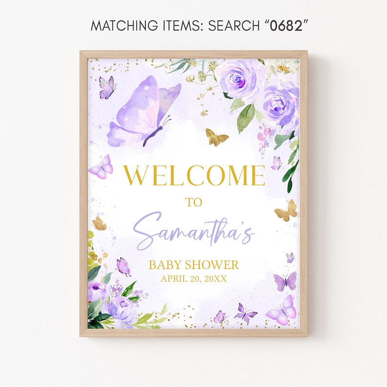 Editable Purple Butterfly Baby Shower Welcome Sign, Butterflies Girl Baby Shower Welcome Poster, Floral Butterfly Purple Baby Shower, 0682 image 3