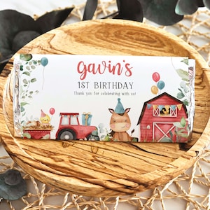 Editable Candy Bar Wrapper Farm Birthday Favors, Barnyard Candy Wrappers, Farm Animals Chocolate Wrapper, Boy Red Barnyard Animals 318BD
