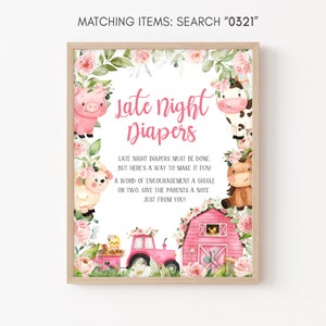 Late Night Diapers Sign Farm Baby Shower, Floral Pink Barnyard Baby Shower Diaper Thoughts Sign, Girl Farm Animals Printable Template 0321