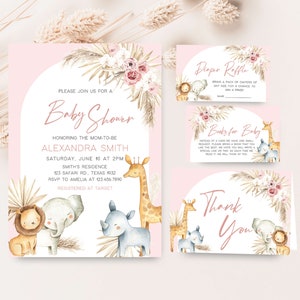 Editable Boho Safari Baby Shower Invitation Bundle, Pink Floral Jungle Baby Shower Invite Set, Girl Safari Animals Boho Baby Shower, 0309 image 1