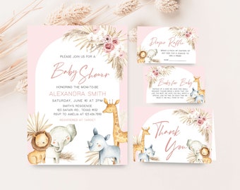 Puede incluir: Invitación a baby shower rosa y blanca con temática de animales de la selva. La invitación presenta una jirafa, un rinoceronte, un elefante y un león. El texto de la invitación dice: "Por favor, únase a nosotros para una Baby Shower en honor a la futura mamá Alexandra Smith, sábado 10 de junio a las 2:00 pm, Residencia Smith, 123 Safari Rd., Texas 1932, RSVP a Amelia al 123.456.7890, Registrado en Target".
