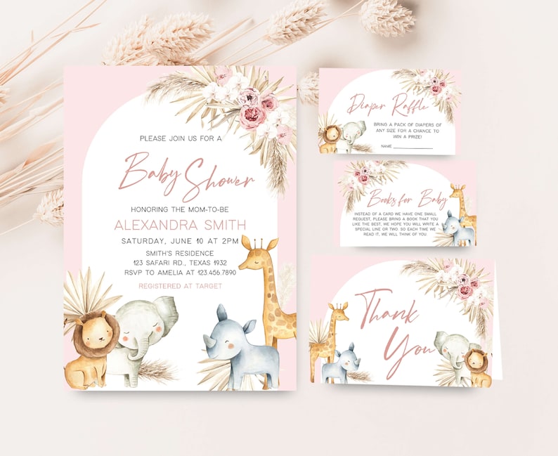Editable Boho Safari Baby Shower Invitation Bundle, Pink Floral Jungle Baby Shower Invite Set, Girl Safari Animals Boho Baby Shower, 0309 image 1