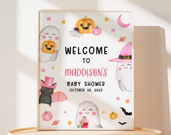 Editable un pequeño boo baby shower signo de bienvenida, cartel de bienvenida rosa de Halloween baby shower, niña fantasma Halloween baby shower signo decoración 0457