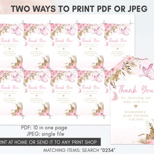 May include: Printable thank you tags for a baby shower. The tags feature a pink butterfly, floral design, and the text "Thank You for showering our baby with love." The tags also include the baby shower date and the name "Maddison's Baby Shower".