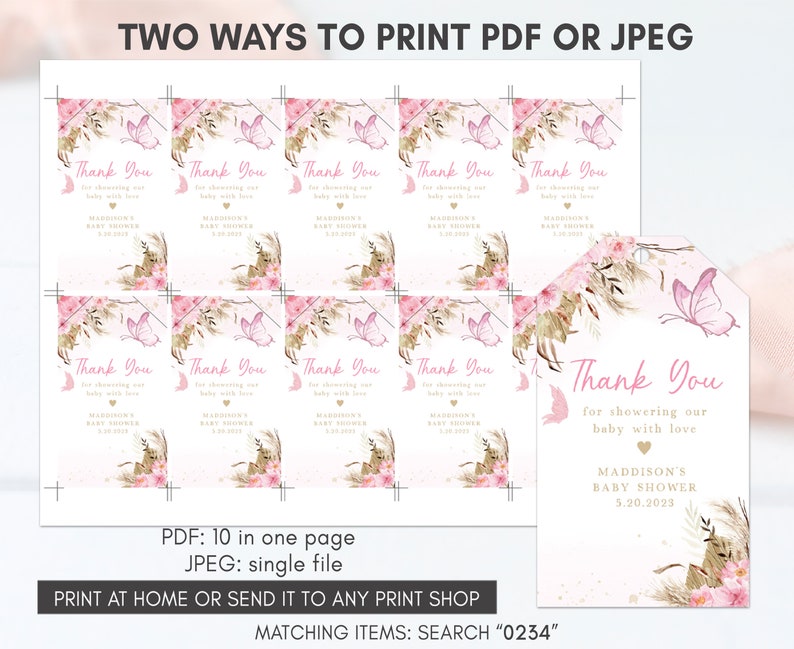 May include: Printable thank you tags for a baby shower. The tags feature a pink butterfly, floral design, and the text "Thank You for showering our baby with love." The tags also include the baby shower date and the name "Maddison's Baby Shower".