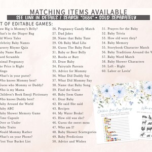 Op de afbeelding: Een printbare set van 60 babyshower-spellen met een blauw en wit bloemenmotief. De spellen omvatten "How Big is Mommy's Belly?", "What's in the Diaper Bag", "Old Wives Tales", "Celebrity Baby Names", "Nursery Rhyme Quiz", "Baby Name Race", "Word Scramble", "Animal Pregnancy", "The Price is Right", "Bingo", "What's in your purse?", "Who knows Mommy best?", "Guess who Mommy or Daddy?", "Who is my Mama", "Children's Book Emoji Pictionary", "Who knows Daddy best?", "Baby Around the World", "Baby ABC", "Baby Shower Memory Game", "Time Capsule", "Over or Under", "Baby Traits", "Would Mommy Rather", "What's on your Phone?", "First Year Bucket List", "Pregnancy Candy Match", "Dad Jokes", "Name that Baby Tune", "Oh Baby Mad Libs", "Guess The Baby Food", "Baby or Beer Belly", "Boobs or Butt", "Draw Baby", "Fairytale Parents", "Advice for Mommy", "What Did Daddy Say", "What Did Mommy Say", "Name that Baby Song", "Find the Guest", "Baby Item Game", "Dear Baby", "He said She said", "Recipes", "My Water Broke!", "How old was she?", "Guess the sweet mess", "Who am I?", "Baby Shower Scattegories", "Baby Predictions", "Advice and Wishes", "Prayers for the Baby", "Baby Trivia", "How old were they?", "Baby Memory", "Storybook Character Match", "Baby Traditions Around the World", "Baby Word Match", "Baby Shower Characters", "Left - Right", and "Labor or Lovin'".