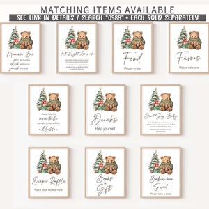 May include: A collection of framed signs with a Christmas theme. Each sign features a watercolor illustration of a teddy bear, a Christmas tree, and text such as "Mimosa Bar" and "Favors".