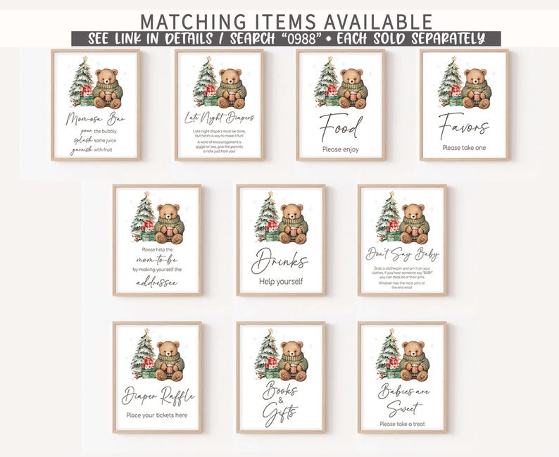 May include: A collection of framed signs with a Christmas theme. Each sign features a watercolor illustration of a teddy bear, a Christmas tree, and text such as "Mimosa Bar" and "Favors".