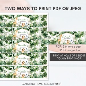 Editable Wild One Baby Shower Bottle Labels, Greenery Safari Jungle Baby Shower Water Labels, Boy Jungle Safari Animals Labels Template 0311 image 4