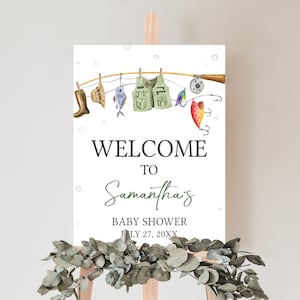 Bearbeitbares Angeln-Babyparty-Willkommensschild, Rollenfischen-Nautik-Babyparty-Willkommensplakat, Ein kleiner Fischer auf dem Weg-Babyparty, 0835