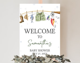 Cartel de bienvenida editable de baby shower de pesca, cartel de bienvenida de baby shower náutico de pesca con carrete, baby shower de un pequeño pescador en camino, 0835