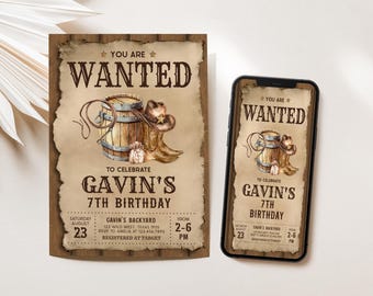 Op de afbeelding: Een vintage-stijl "Wanted" poster met een bruine houten ton, een cowboyhoed en een lasso. De poster is voor een 7e verjaardagsfeestje voor Gavin. De tekst op de poster zegt "You Are Wanted" en "To Celebrate Gavin's 7th Birthday". De feestdetails staan hieronder vermeld, inclusief de datum, tijd, locatie en RSVP-informatie.
