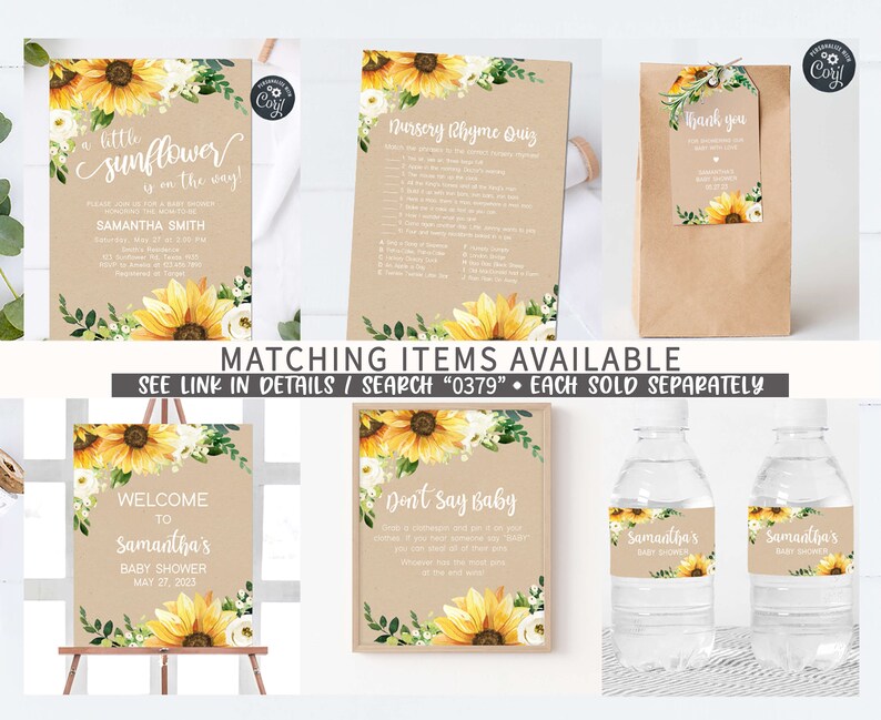 May include: A collection of baby shower stationery featuring a sunflower theme. Includes invitations, a nursery rhyme quiz, thank you tags, a welcome sign, a "Don't Say Baby" game, and water bottle labels. The text includes "a little sunflower is on the way!" and "Welcome to Samantha's Baby Shower".